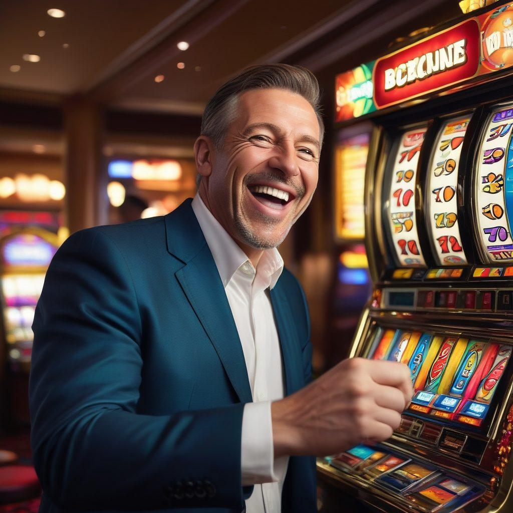 An excited gambler celebrating a big win at a colorful penny slot machine, surrounded by bright lights and a cascade of coins falling from the jackpot. The scene captures the thrill and joy of playing, with a dynamic angle showcasing the slot machine and the jubilant expression on the player’s face. Background features other slot machines and lively casino atmosphere. vibrant colors. super-realistic.