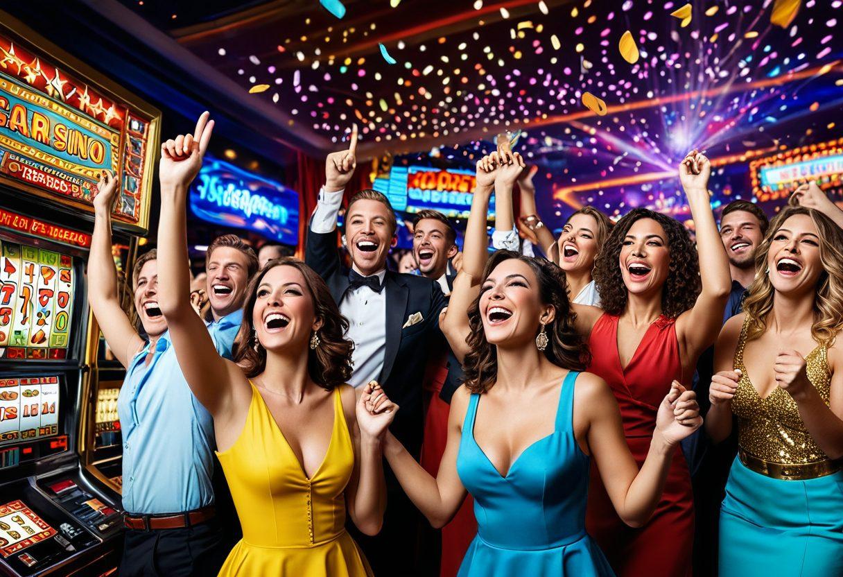 A whimsical casino scene filled with vibrant penny slot machines, each machine glowing with bright lights and colorful themes. In the foreground, a diverse group of joyful people celebrating a big win, with coins and confetti flying through the air. The background features a lively, luxurious casino atmosphere, with intricate details highlighting the excitement of gambling. The overall mood is festive and playful, inviting viewers to join in the fun. super-realistic. vibrant colors. high contrast.