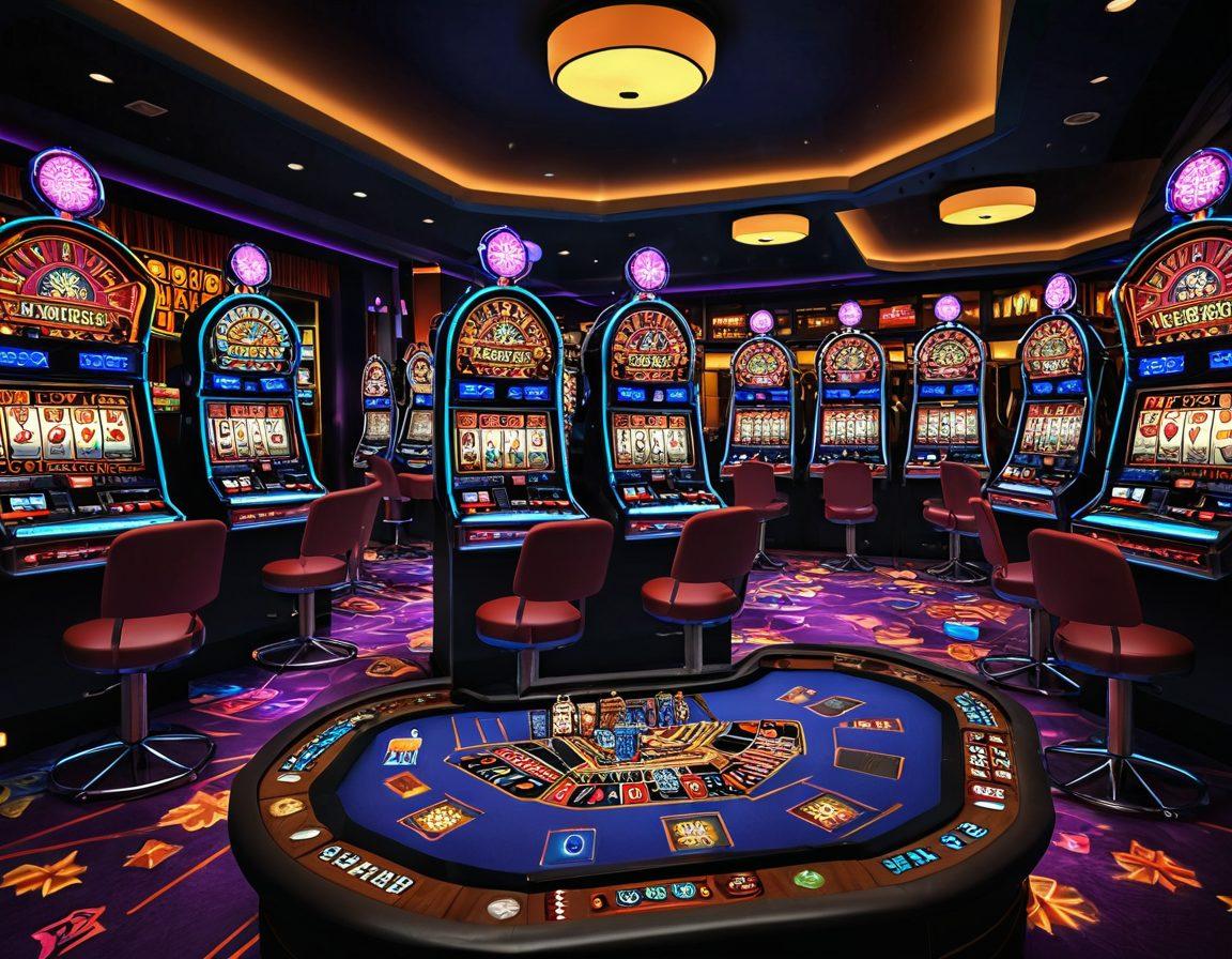 An exciting and vibrant scene showcasing a lively virtual casino with colorful slot machines and flashing lights, a diverse group of enthusiastic players winning big jackpots, piles of coins and colorful poker chips scattered around, and a screensaver displaying game progress. The atmosphere should be electric and inviting, with an emphasis on penny gaming adventure. digital art. vibrant colors. high contrast.